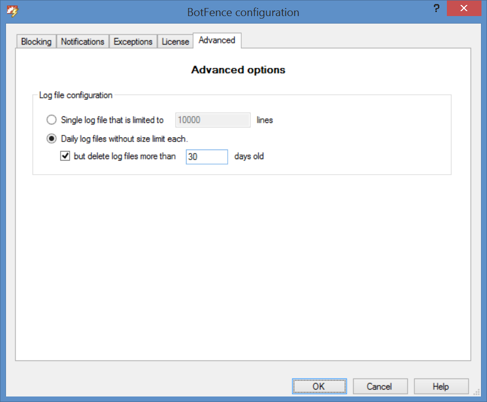 BotFence advanced configuration options - click for full size
