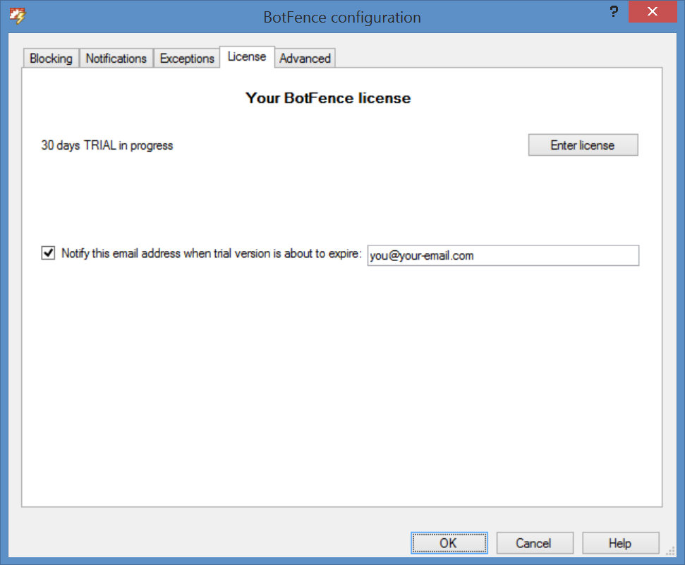 BotFence Configuration, licensing - click for full size