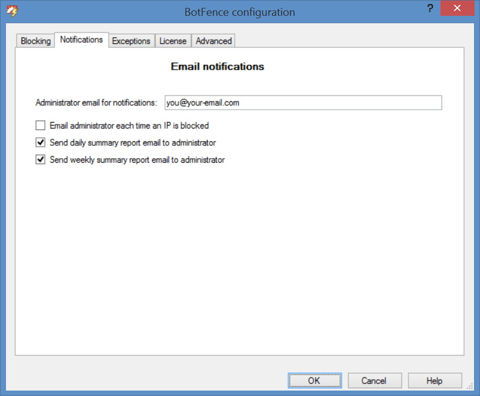 BotFence Configuration notification options - click for full size