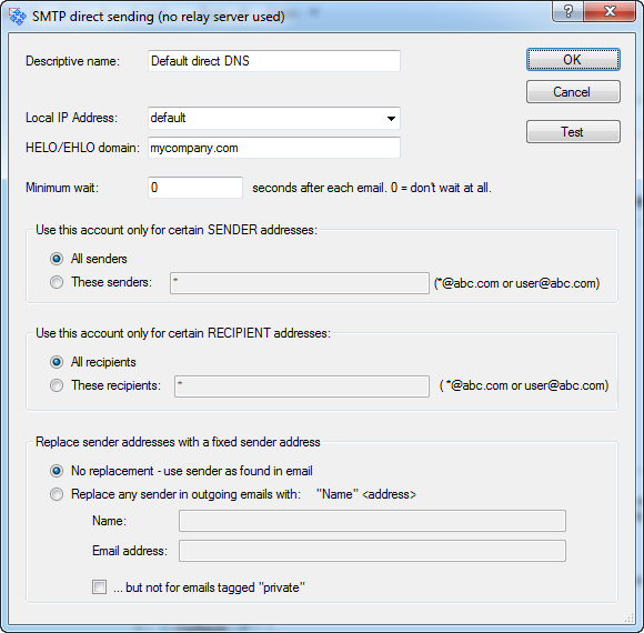 MultiSendcon direct / dns sending account configuration page